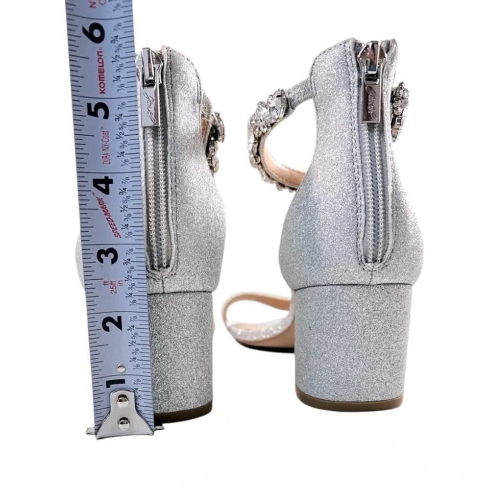 Jewel Badgley Mischka, Shimmery Silver‎ Satin Shoe, Rhinestone Ankle Strap, Sz 8
